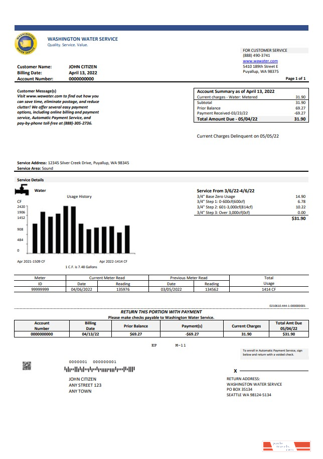 USA Washington Water Service utility bill template in Word and PDF format